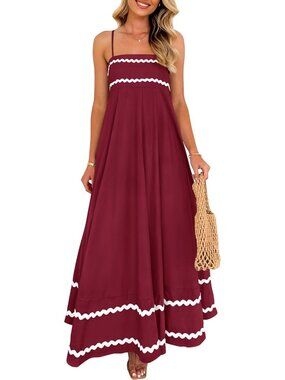 Women's Dark Red Flowy Maxi Summer Sleeveless Strap Ruffle Beach Long Dress